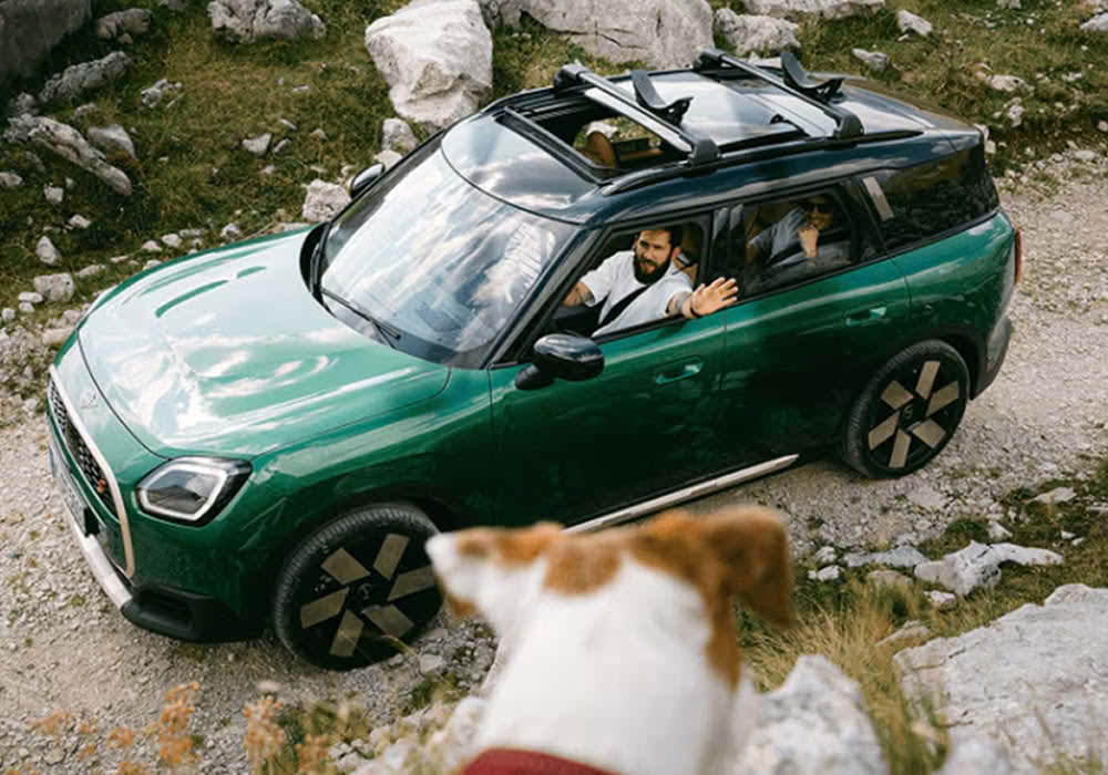Man driving MINI waving at dog out the window