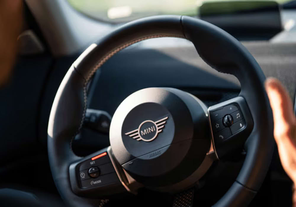 Close up of MINI vehicle steering wheel